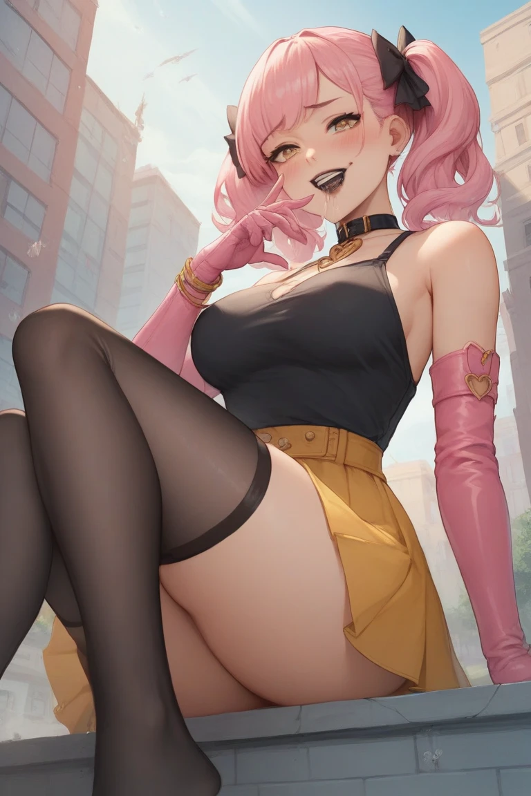 A girl big breast pink hair mini pink skirt short black top sitting eat banana with white semen full body 👅 anime