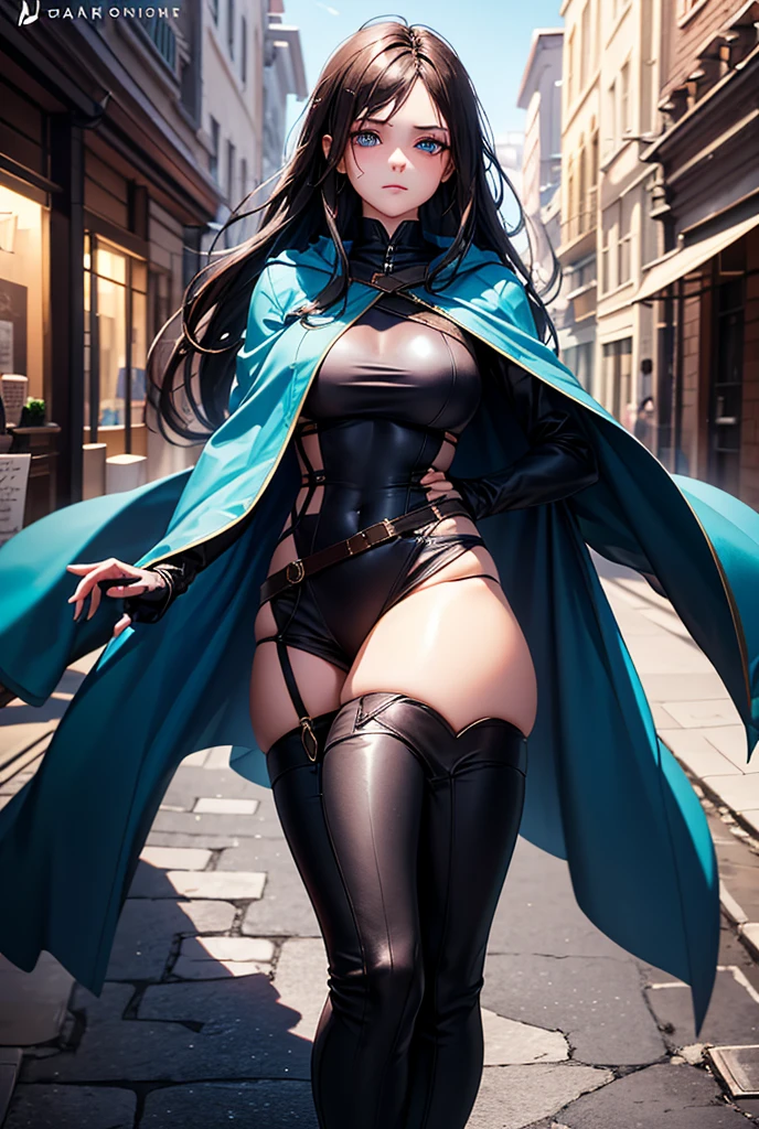 Full body view, (masterpiece, best quality), (dramatic), gritty, intense, anime character, dynamic fighting pose, 1girl only, black hair, (Hairstyle: tied), (80% Wearing futuristic armor), Armored gauntlets, with 50% miniskirt, Knee-high boots with high heels, fringe covers the left eye, a closed fist, Beautiful and symmetrical face, Beautiful bright blue eyes, vibrant colors, Night, highest quality digital art, Unparalleled masterpiece, dynamic lighting, epic, Cowboy shot, (intricate details), Canon EOS R50 camera with Canon R50 RF-S 50mm IS STM lens