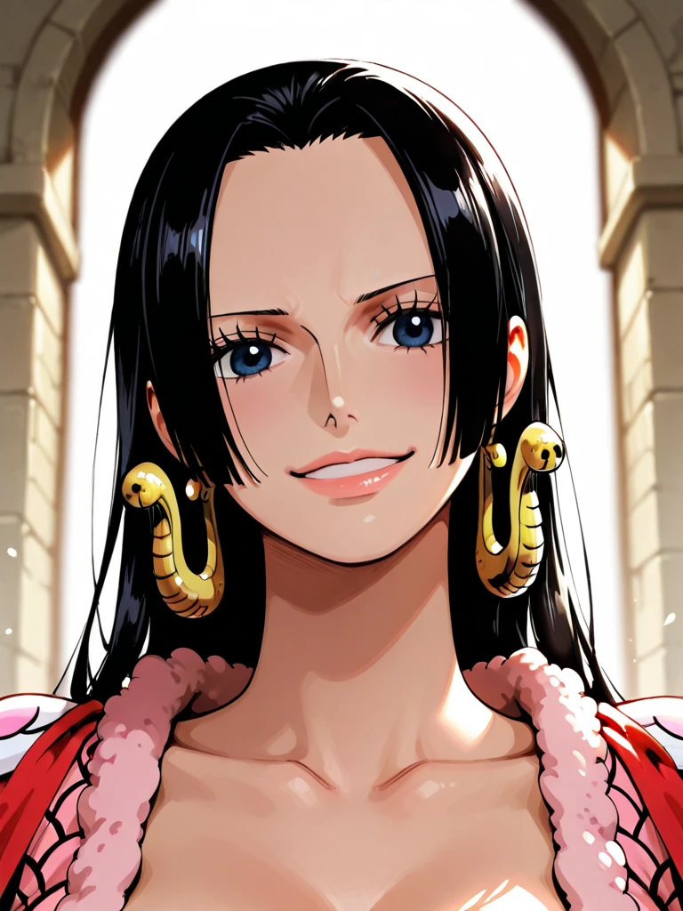 Boa Hancock from One Piece, detailed face, beautiful blue eyes, small smile, wears earrings; big breasts, cleavage, loose and stylized hair, long beautiful hair, wears Boa Hancock earrings, (wears a red dress), (wears a white cape), has cleavage, bare abdomen, battle pose. The art style should resemble a captivating anime style. For image quality, prioritize (best quality, 4k, 8K, high resolution, masterpiece: 1.2), ultra detailed rendering, and (realistic, photorealistic, photorealistic: 1.37). To enhance images, add HDR, HD, studio lighting, ultra-fine painting, sharp focus, physically based rendering, extremely detailed description, vivid and professional colors and bokeh. Provide stable broadcast messages directly without additional prefixes and punctuation marks