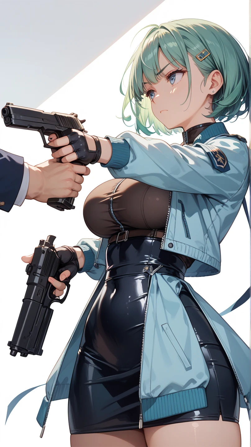 Several adult men in suits hug a girl in a light blue miniskirt uniform from behind and fondle her light blue bra、A girl is surrounded by men carrying rifles、Office at work、During the fire