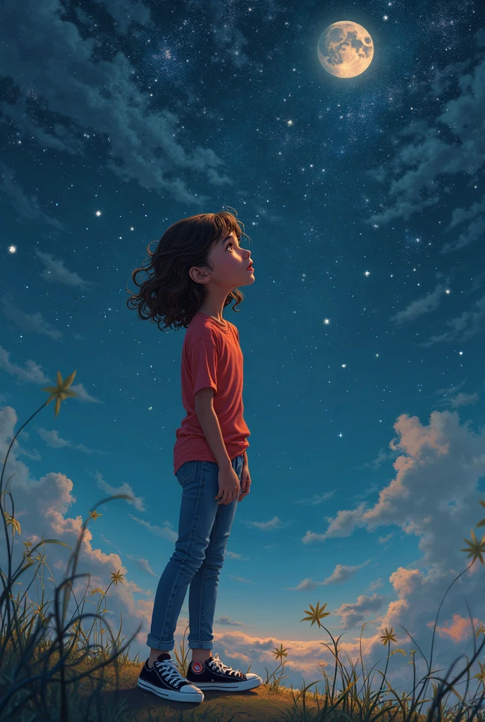 Menino, sonhos, Looking Up The Sky, cores coloridas, estrelas, melhor qualidade, olhos azul, estilo de roupa simples, feliz, estrelado