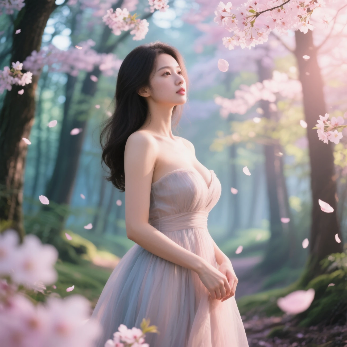 masterpiece, best quality, ultra-detailed, illustration, 1girl, solo,((sitting in the shallow water, surrounded by pink sakura petals floating on the water)), butterfly, wisteria, electricity, blue sky, cloudy sky,(large breasts), ((eye focus)), expressionless, critical angle, bokeh, depth of field, ((eye focus)), light glowing particles, arms behind back,