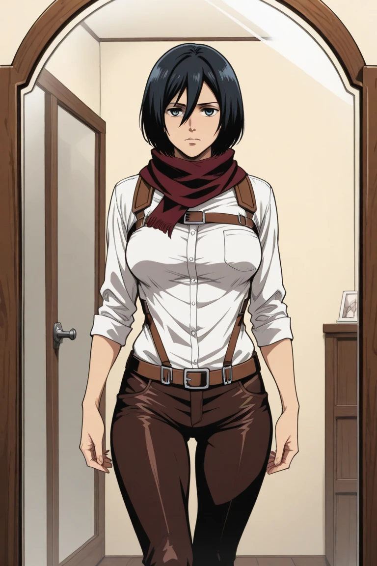 aot style, shingeki no kyojin,
mikasa ackerman,
1girl, arm strap, bangs, black hair, breasts, cowboy shot, embers, green eyes, grey background, hair between eyes, looking at viewer, medium breasts, red scarf, scarf, shirt, short hair, white shirt, survey corps \(emblem\), , white panties, humiliation, crowd laughing, shameful face,
, ((masterpiece)), best quality
,