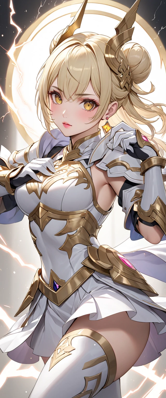 (Perfect Anatomy)、Mastepiece、Ultra High Quality、 8K、masterpiece、Highest quality、Ultra-high resolution、Maximum resolution、Very detailed、Professional Lighting、anime、woman、thin、so beautiful、Highly detailed eye、Highly detailed face、Golden earrings、Blonde, hair bun, Yellow Eyes、Mid-chest, goddess armor, white open mini skirt , full body, gold pattern, white super long boots, white long gloves, female martial artist, high heels, white clawed gauntlets, white cute headgear, fighting stance, gold knee armor, glowing eyes, ((Spinning kick)), fighter, fighting
