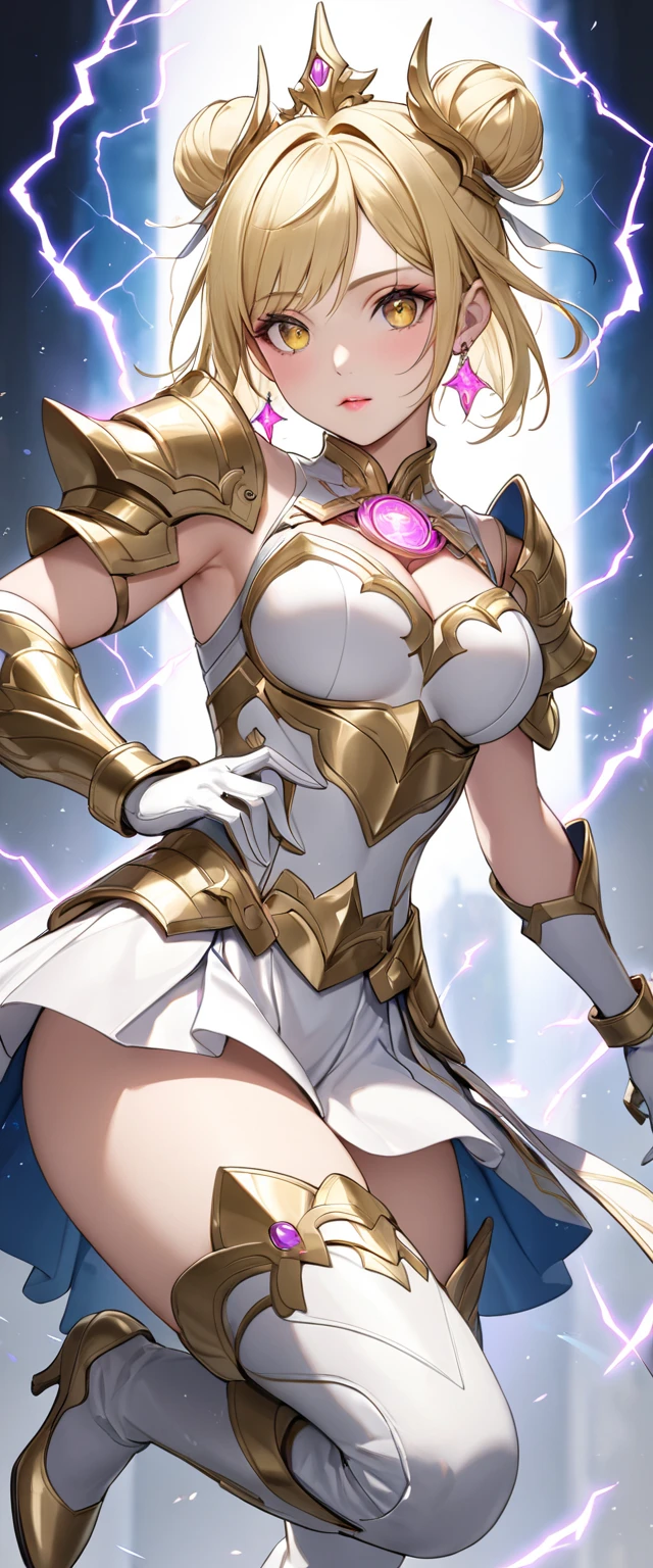 (Perfect Anatomy)、Mastepiece、Ultra High Quality、 8K、masterpiece、Highest quality、Ultra-high resolution、Maximum resolution、Very detailed、Professional Lighting、anime、woman、thin、so beautiful、Highly detailed eye、Highly detailed face、Golden earrings、Blonde, hair bun, Yellow Eyes、Mid-chest, goddess armor, white open mini skirt , full body, gold pattern, white super long boots, white long gloves, female martial artist, high heels, white clawed gauntlets, white cute headgear, fighting stance, gold knee armor, glowing eyes, ((Spinning kick)), fighter, fighting