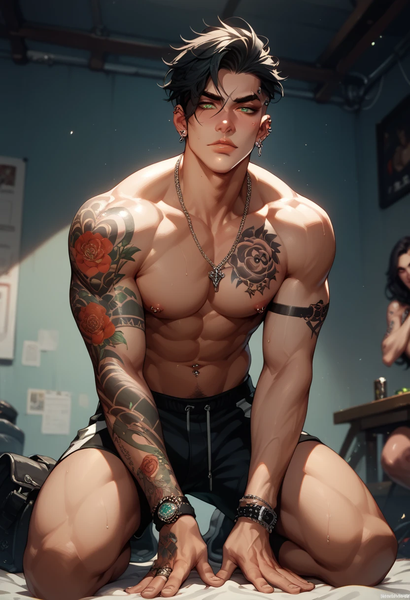 (tmasterpiece,top Quority,best qualtiy,offcial art,Beauty and aesthetics:1.2),(1girl),Extremely detailed,(s fractal art:1.3),extremely colorful,The most detailed Maori Kogoro,Shirtless,Tong,Bulge,onbed,Kneeling,black sock,Muscle men,an look of enjoyment,Be red in the face