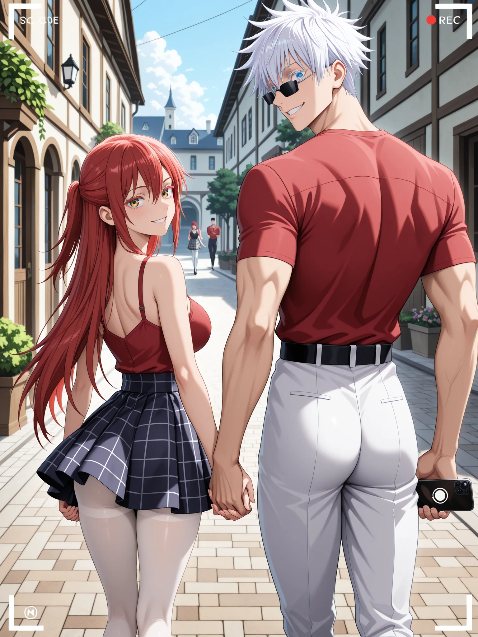 masterpiece, best quality, amazing quality, absurdres, dynamic shot, upper_body, anime screencap, official art, anime style, jujutsu kaisen screencap, smartphone screenshot, making picture, A romantic fantasy scene captured from the perspective of a smartphone camera, "Shot on iPhone" style.BREAK couple, hetero, duo focus, size difference, height difference , BREAK 1 girl , golden eyes , very long hair , long sidelocks, red hair ,half updo, petite , very cute , beautiful ,Straight hair, cool, handsome, hair between eyes, sexy, female, medium large breasts, (((white pantyhose))), long legs, wearing nice dress with short grey plaid skirt BREAK 1man, adult, male focus, grin, gojou satoru, jujutsu kaisen, white hair, short hair, (hair between eyes), colored eyelashes, white eyelashes, blue eyes, intricate eye iris, detailed eyes, muscular, toned body, sexy man, handsome face, black rectangular sunglasses, light red shirt, white pants, BREAK romantic couple, old italian town, buildings, cobblestone streets, plants, looking over shoulder, holding hands, back view, soft colors, The viewer is trying to take the photo of the couple in portrait mode, fake smartphone