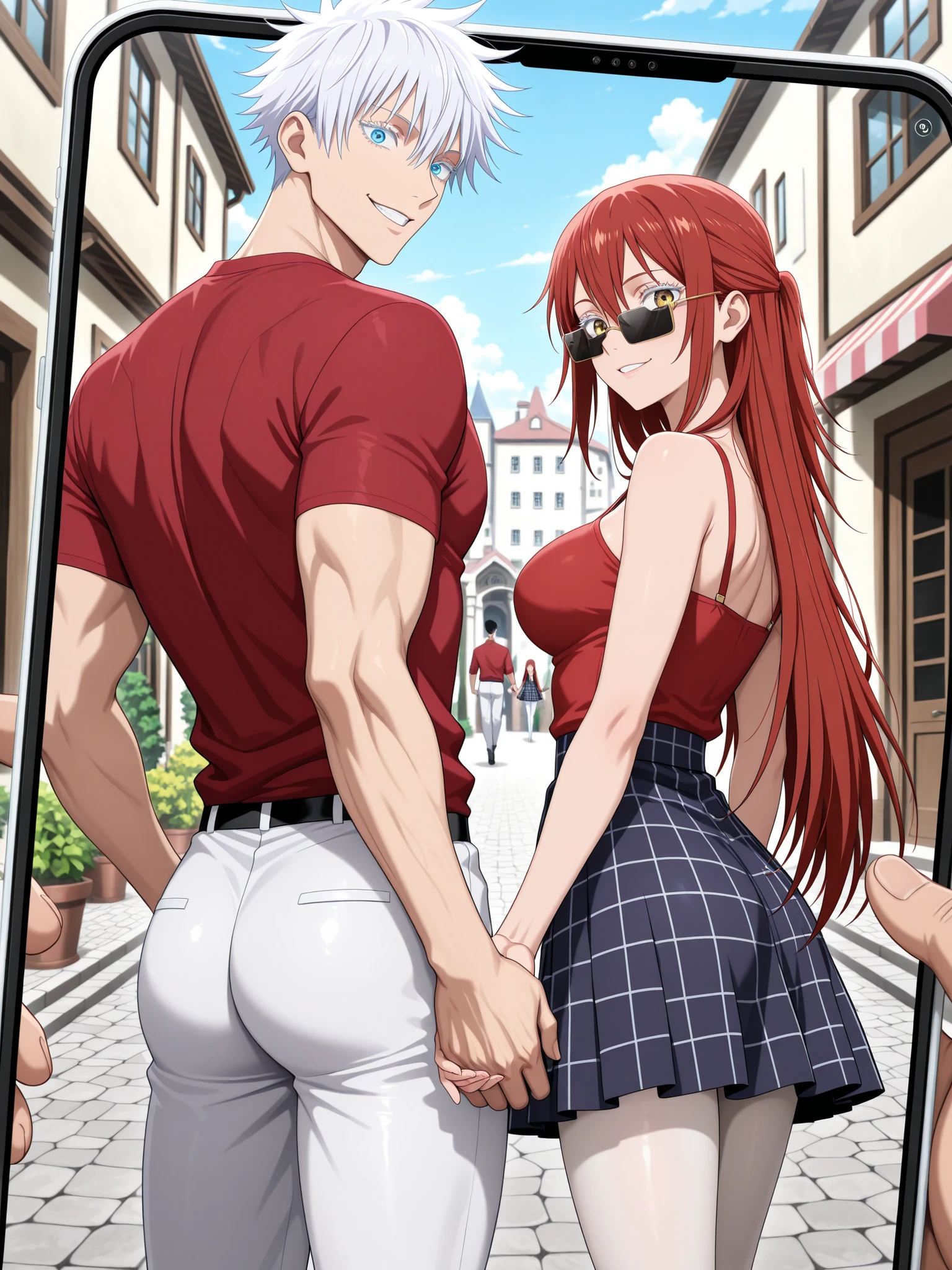 masterpiece, best quality, amazing quality, absurdres, dynamic shot, upper_body, anime screencap, official art, anime style, jujutsu kaisen screencap, smartphone screenshot, making picture, A romantic fantasy scene captured from the perspective of a smartphone camera, "Shot on iPhone" style.BREAK couple, hetero, duo focus, size difference, height difference , BREAK 1 girl , golden eyes , very long hair , long sidelocks, red hair ,half updo, petite , very cute , beautiful ,Straight hair, cool, handsome, hair between eyes, sexy, female, medium large breasts, (((white pantyhose))), long legs, wearing nice dress with short grey plaid skirt BREAK 1man, adult, male focus, grin, gojou satoru, jujutsu kaisen, white hair, short hair, (hair between eyes), colored eyelashes, white eyelashes, blue eyes, intricate eye iris, detailed eyes, muscular, toned body, sexy man, handsome face, black rectangular sunglasses, light red shirt, white pants, BREAK romantic couple, old italian town, buildings, cobblestone streets, plants, looking over shoulder, holding hands, back view, soft colors, The viewer is trying to take the photo of the couple in portrait mode, fake smartphone