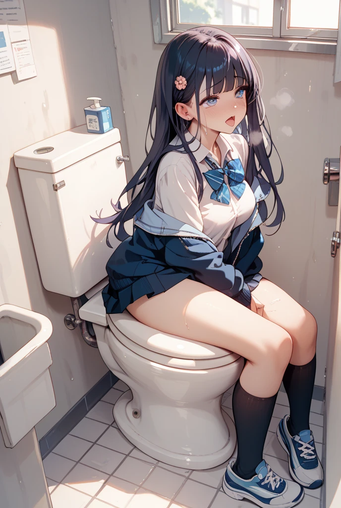Girl in a black sweater with black hair without pants sits on the toilet and poops out poop liquid out of her butthole