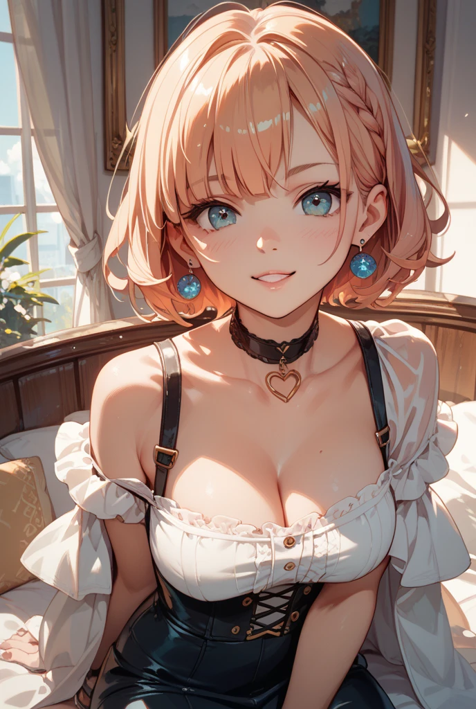 (masterpiece)(8k)(cute)(25-year old woman)(1girl:1.5)(solo:1.8)(from above)(wild hair:1.3)(short hair:1.3)(orange hair)(slim body:1.4)(small breasts:1.4)(perky nipples:1.3)(maid outfit:1.4)(lime green pupils)(glossy skin)(glossy lips:1.3)(glossy eye-shadow:1.5)(shiny)(choker necklace)(translucent panties:1.5)(cameltoe:1.5)(sweaty:1.5)(seductive:1.3)(smile:1.5)(mischievous:1.5)(steamy) rossdraws pastel vibrant, rossdraws cartoon vibrant, style anime 8k, beautiful portrait, artgerm colorful!!!, ! dream artgerm, beautiful anime girl, styled digital art, art wallpaper 8k, digital art, extremely detailed artgerm,