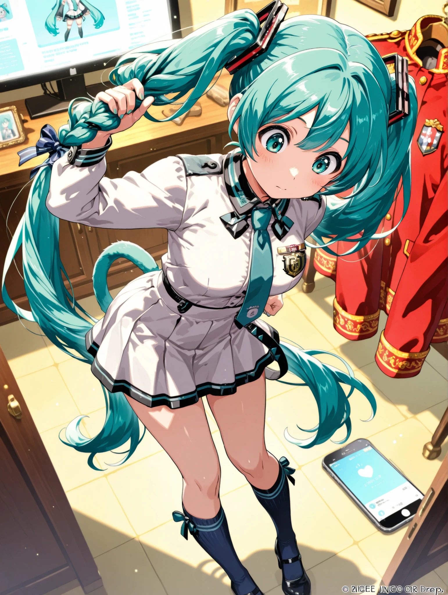 (masterpiece、Highest Quality、Highest Quality、Official Art、beautiful and beautiful:1.2)、(1 girl on break day:1.3)Hatsune Miku、beautiful breasts、light green twin tail、taken through iPhone screen interface, one girl with arms, white pin-tuck blouse with school emblem patch ,Red Bolero,white skirt, miniskirt ,There are 2 blue lines on the hem , bolero sleeve with school emblem patch , knee socks, black enamel wrap pumps,braiding,navy blue ribbon, Striped Ribbons ,Navy High Socks, high waist skirt, looking down from above