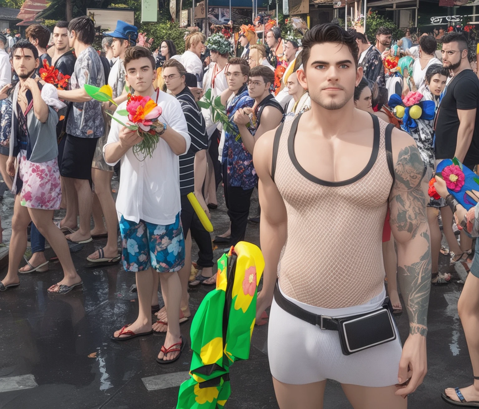 Male Knight, shelmet , naked man , no pants, Black knight , slightly convex, convex, bump, article, , Standing, stands,naked torso , Closed helmet, bump,black briefs, Market stands, a lot of people in a circle , hands at side, Kale, naked torso, shelmet, in long tight pants, lean , Slim Body