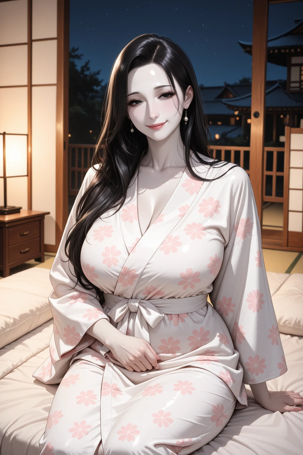 ((high quality)), ((table top)), (detailed face), (highlight), female、Big breasts、blunt bangs、black hair、skirt、Patterned kimono