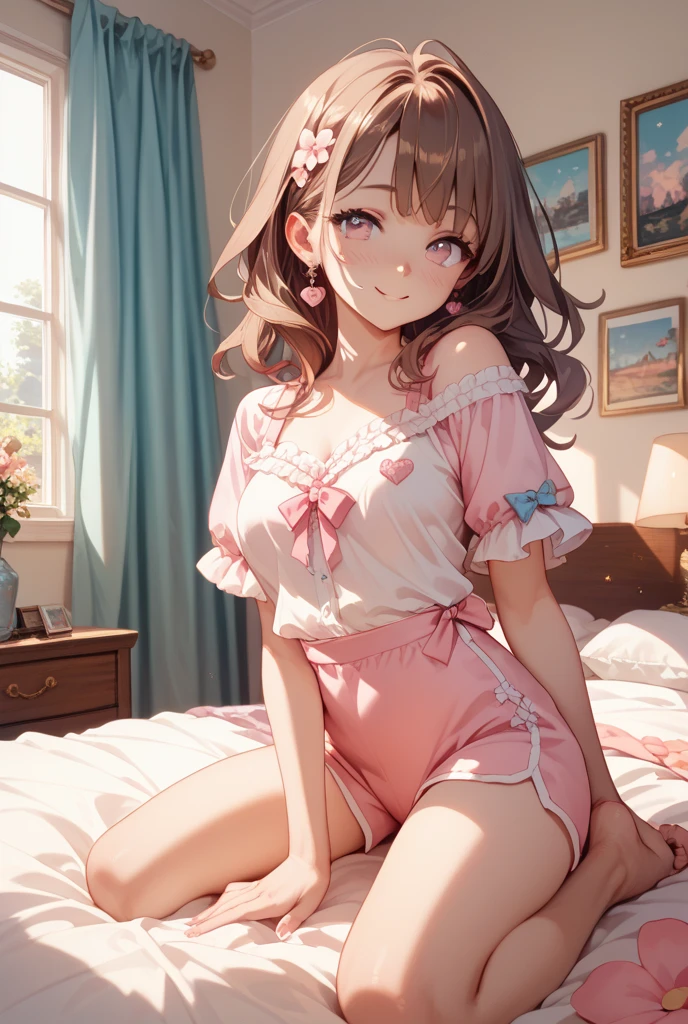 beautiful illustrations, highest quality, pretty girl, 1girl, Bedroom, pastel colour, (two-separated lingerie), reddish brown long hair, headband, cute lingerie, bright lighting