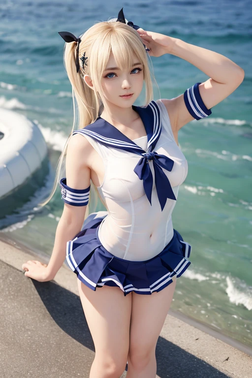 high quality, realistic, 1 girl, long hair, looking at viewer,babara_in_swimsuit, blonde hair, sailor collar, sailor hat, blue eyes