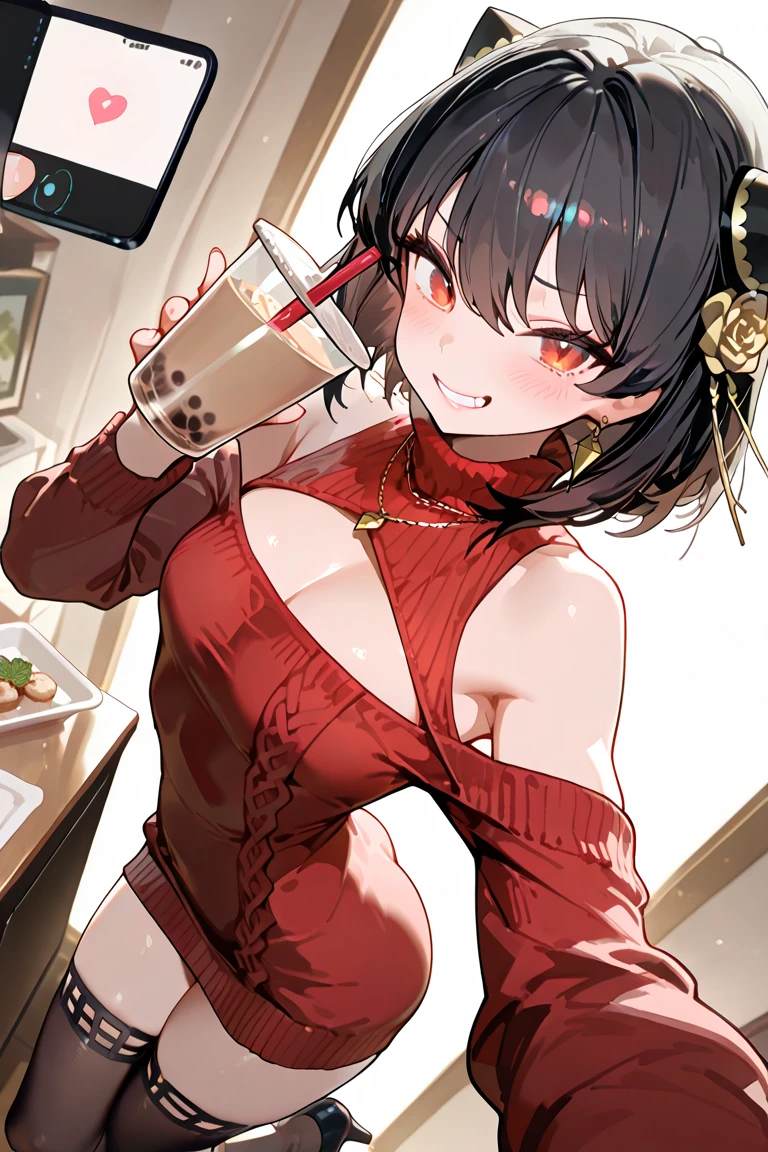 smile,open mouth,chibi,1 cute girl, short black tousled hair, big breasts, coffee 