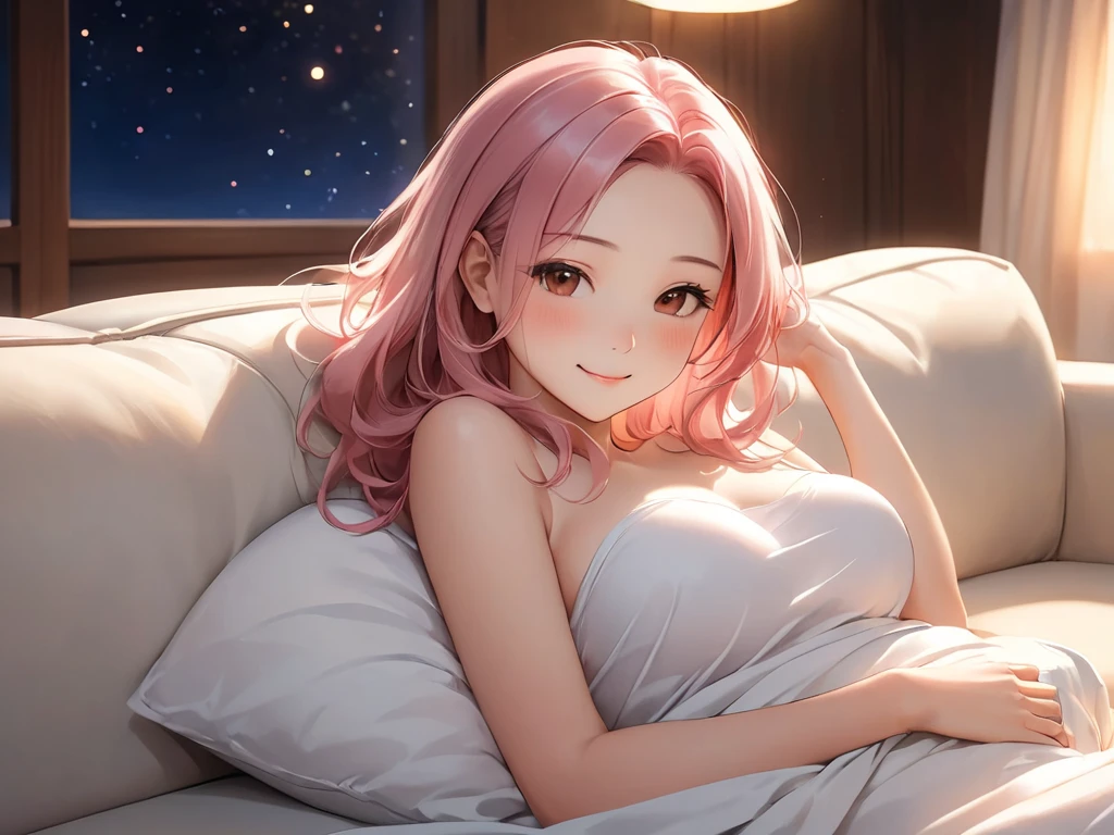 Best Quality,High resolution,8k,finelity detailed background,Masterpiece:1.2),beautiful girl,Shiny pink hair,asymmetrical hair,Pink eyes,Gentle look,A refreshing look,smile,Best quality,Best Quality,Aesthetic and aesthetic:1.2,Best details((Super detailed))(High-definition CG illustrations),Upper Body,Dark grey underwear,Slender body,night,moon,Bedroom,On the bed,smile,blush,cute,Scrounge,Looking up,Being spoiled,super model,wariza,shoot from,below