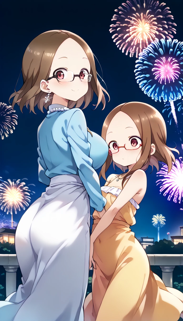 1girl, firework, kimono, japanese clothes, from side, (black hair:1.1), (braid), (glasses), (purple eyes), (large breast), blush, pov, (flustered), (Intricate Iris Details)