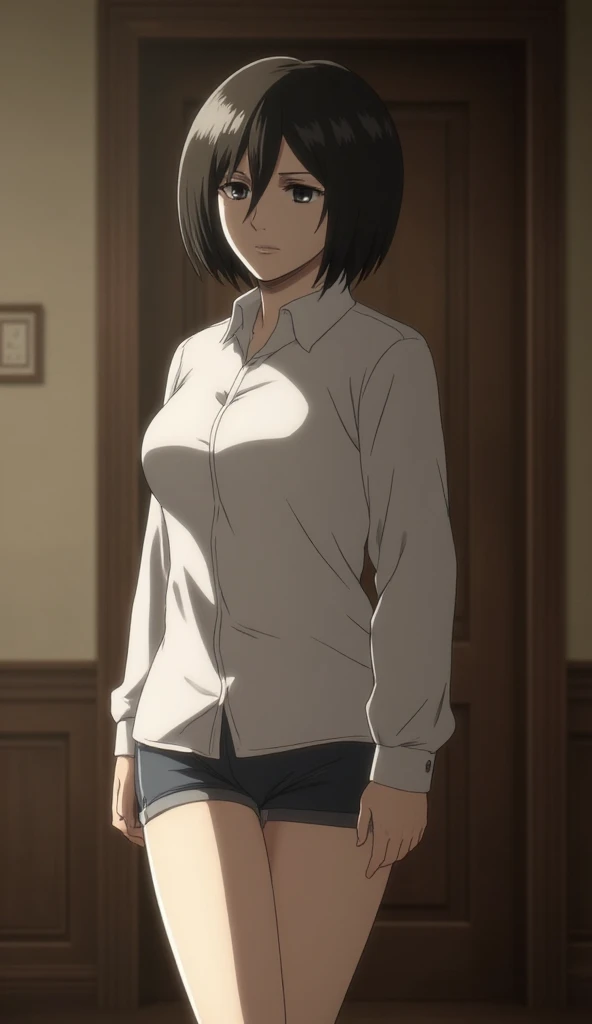 masterpiece, best quality, highres, hmmikasa, short hair, black eyes, scarf, belt, thigh strap, red scarf, white pants, white shirt, standing, cowboy shot,,big breasts,sweating,(trembling:1.2),looking down,