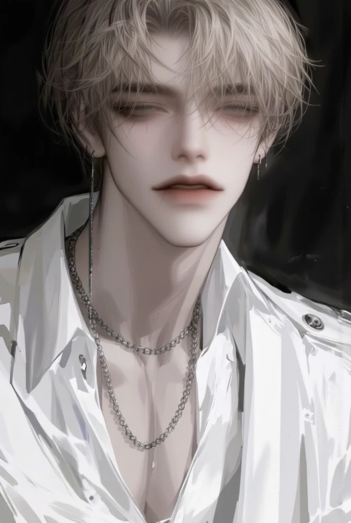 tmasterpiece, topquality, hight resolution, solo,open hands,((ulzzang)),((badboy)),sexy expression,the whole body is visible,((the whole body is it in the frame)),((male)),((coat)),(piercing),((sensuality eyes)),((gundam in the background)),((hand poses)),(lens 70mm),((perfect hand)),((white hair)), ((saturated gojo)), (( JUJUTSU KAİSEN)), ((albino)), ((blue sky eyes)), ((Black jacket))