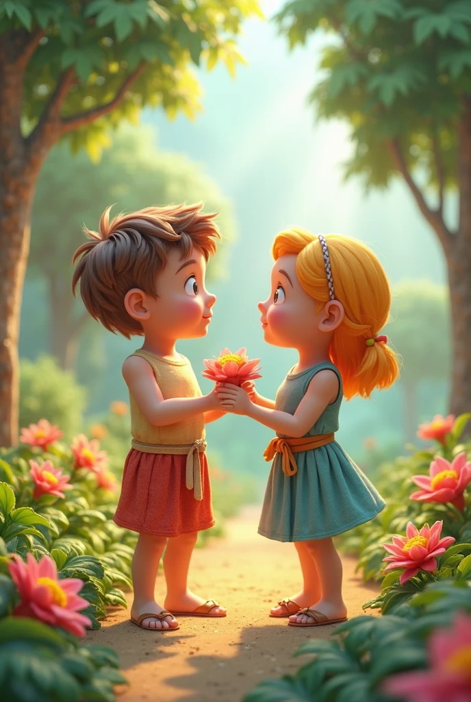 Tamma, the younger boy, is reaching out with a piece of fruit, offering it to the bird. The bird is gently pecking at the fruit, while Anna stands nearby, watching with interest. The scene is full of warmth and gentle light.