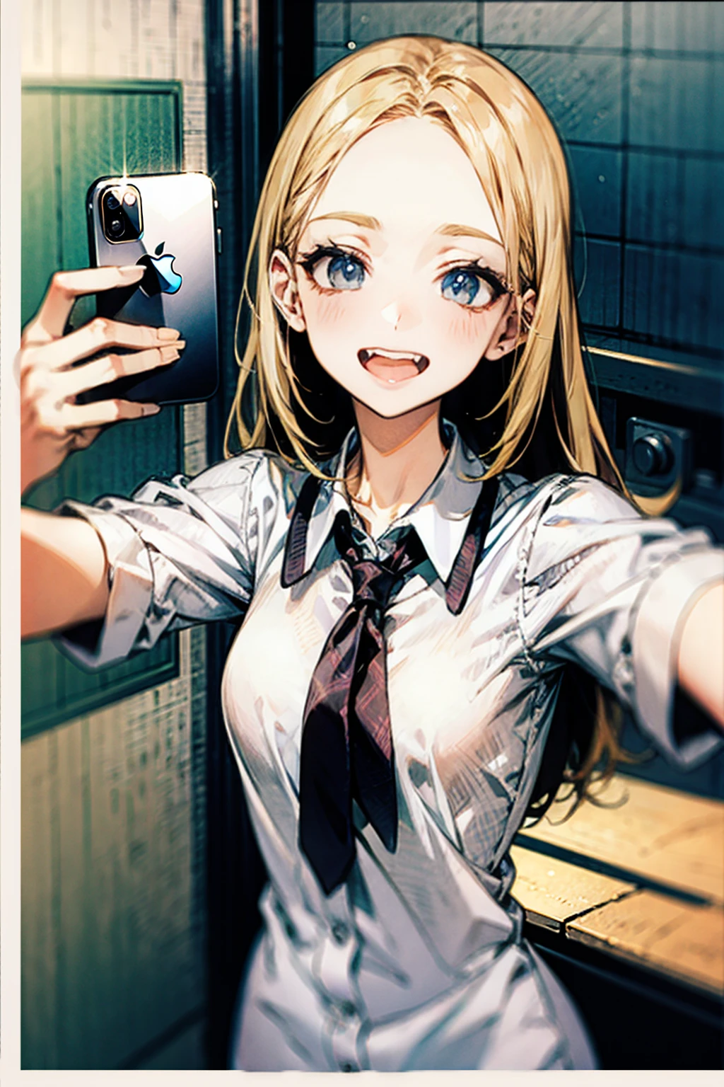 (extremely detailed CG unity 8k wallpaper), (masterpiece), (best quality), (ultra-detailed), (best illustration), (best shadow), (absurdres), 1girl, alone, Mirika hoshizaki, blonde hair, solo, twintails, breasts, tank top, open mouth, cleavage, smile, wooden floor, skirt, collarbone, blue eyes, phone, short sleeves, hair between eyes, bangs, :d, fangs, blush, fang, indoors , dolphin shorts, anime, mirror selfie, holding phone, excellent hands, excellent anatomy