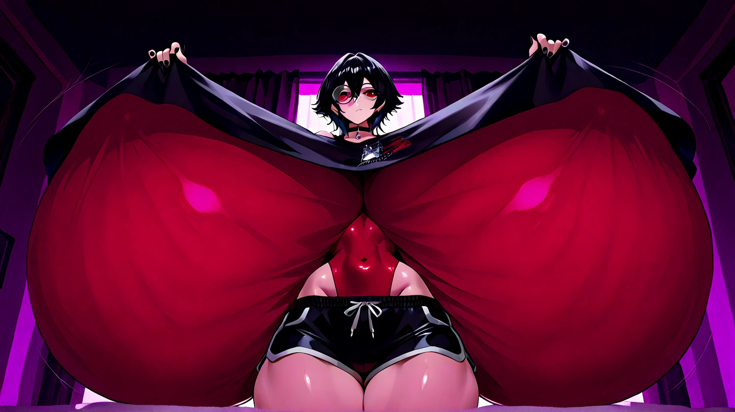 super girl elementary school student, masterpiece, highest quality, abstract, psychedelic, neon, (honeycomb pattern), (creative:1.3), fantasy 00d、 black hair、bob cut with trimmed ends、flat chest、Thin crotch、lolicon、belly button、High-leg style、red cloak、pointed nipples、white panties、(((squat)))、transparent clothes、