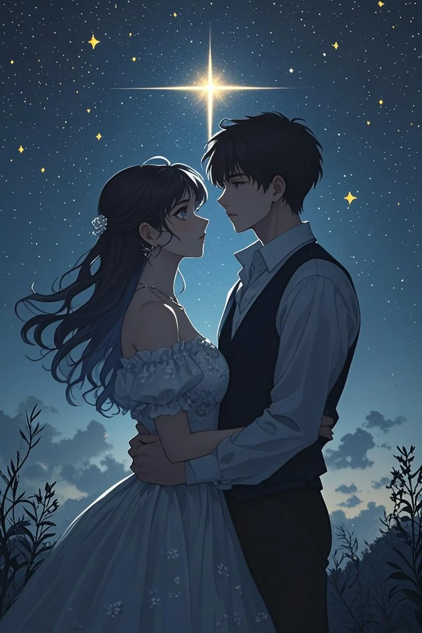 (meteor shower:1.2), (comets:1.1), Low angle, Arctic wild cherry blossoms, Meteor, (best qulity), The Masterpiece, Clouds, Colorful, stary sky, As estrelas, Night, flowerfield, floral blooming, night sky, Beautiful flowers, Night theme,(A man and a woman snuggled up to each other) --auto