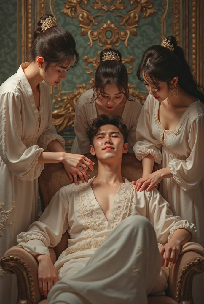 A young man in white sits drinking in a room surrounded by concubines in provocative outfits as his young wife opens the door and enters. Story from the Hanfu period.