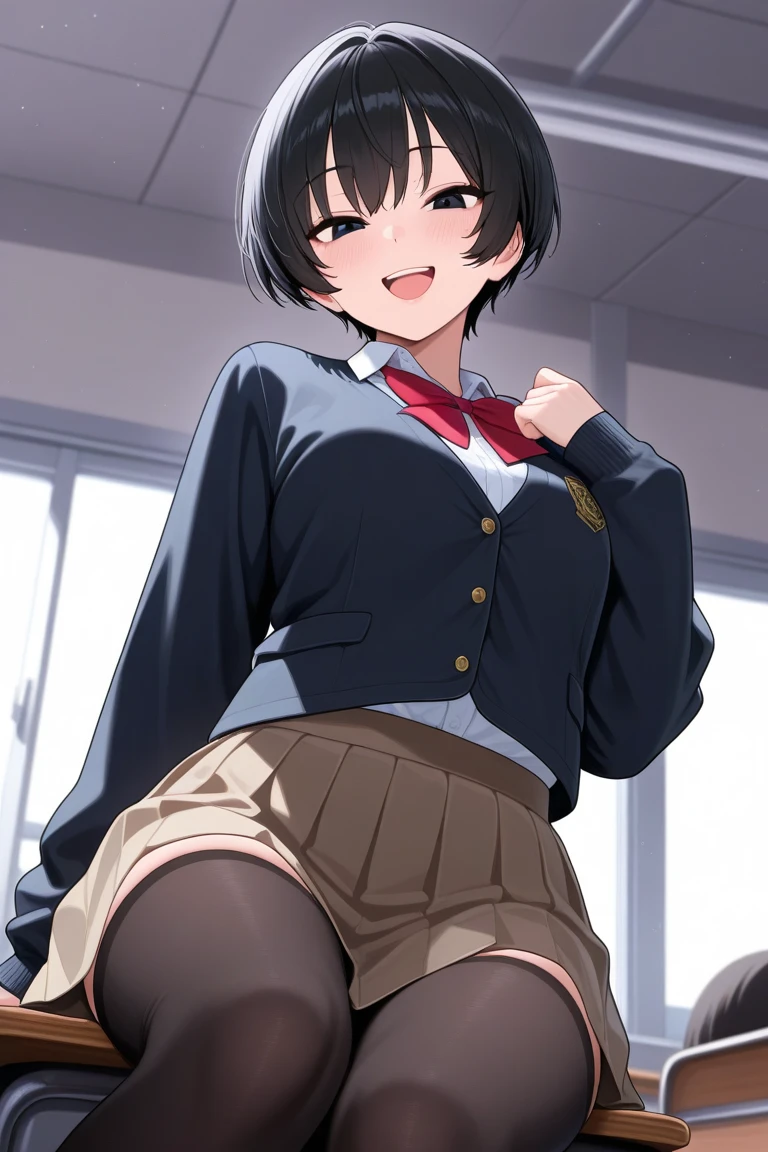 (((Spread your legs、Shooting from below))、(((Accentuate the crotch、Shiny underwear)))、Highest quality, 8k, masterpiece :1.3)), whole body, Sharp focus :One Girl,Glowing Skin,SSexy pose,Highest quality,Tabletop,shape,Very delicate and beautiful,Hmph,8k壁紙,wonderful,In detail,Official Art,Very detailedなティッカーUnity 8k壁紙,Unbelievably ridiculous,Large file size,Very detailedな,High resolution,Very detailed,Beautiful detailed,Realistic,X-ray,The queue is full,(((Uniform Blazer、mini skirt)))、(((Big Breasts、Black Hair)))、(((School、classroom、Wearing tights)))、Stand upright、Cleavage , ((Black Hair))、Uniform Blazer、Sexy pose、Hairstyle: Short Hair、both hands、Wearing tights