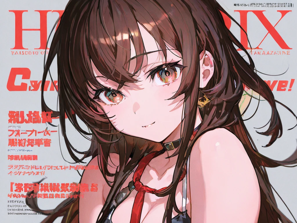 (Best Quality, 16 K, ultra-detailliert, Photorealistic, Beautiful skin, Professional Lighting){{{masutepiece}}}, Best Quality, Full body, Staring,Shenzhou Pill(Ship This), Black and white cow print bikini, NSFW, Braid with brown hair, Upper body , Embarrassed look,No light in the eyes,,Mansuji, 独奏, One girl, (Woman on the cover of a magazine:1.5),(Engrave a magazine logo), (Magazine Text), (magazine title:1.1),large full breasts, I can see the streak,