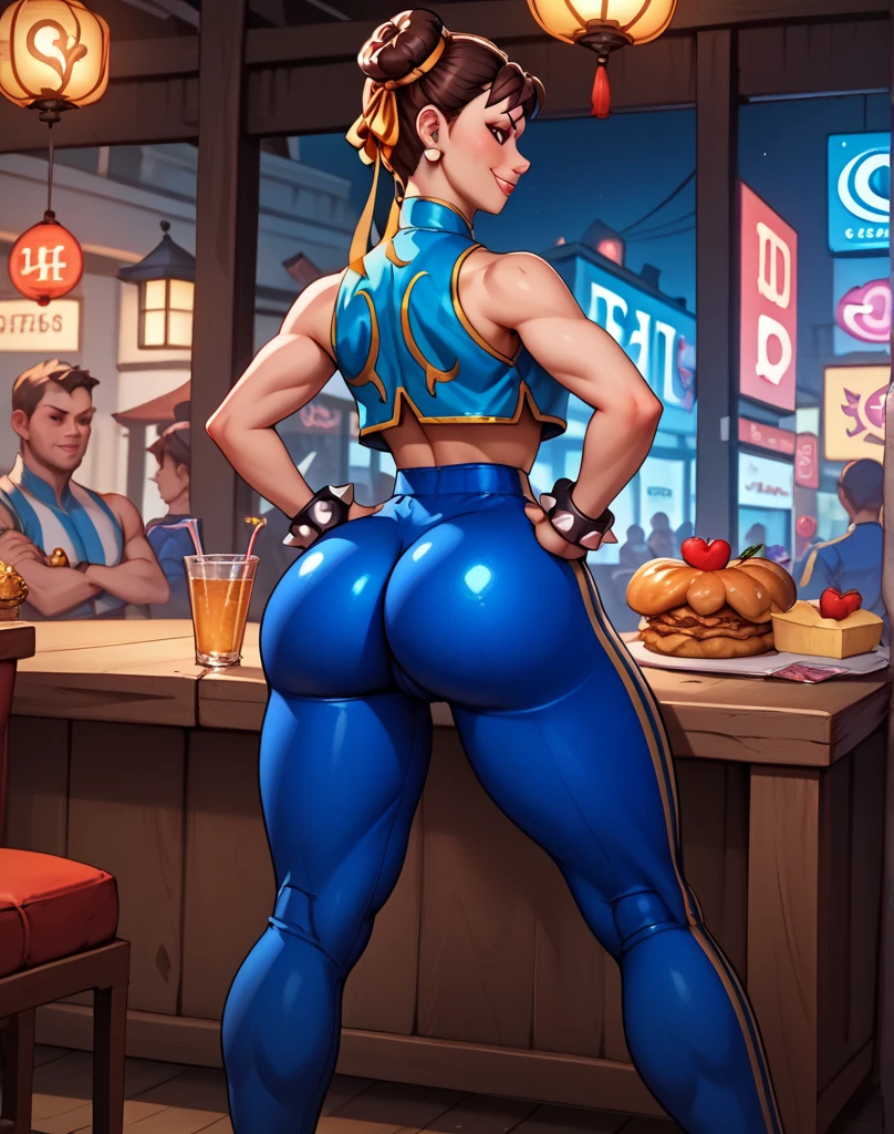 Best quality, mature woman with multiple guys, giant ass, bbw, wide hips, thick thighs, very curvy, dark skin, blonde curly hair, full lips, seductive, smiling, spandex short shorts, at a bar, guy is groping and grabbing her big ass