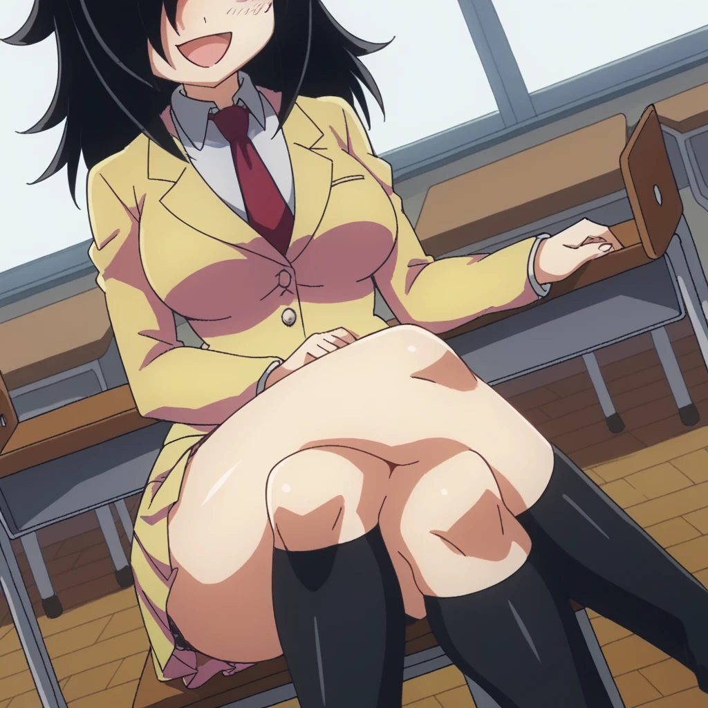 ((1 girl )), Cherry-blossom viewing,Yukinoshita Yukino , squat,wear sneakers, troubled face(Sole of foot 1.0),blazer,shirt,check skirt,(white knee high socks),(Pussy cameltoe in panties:1.0),Love juice overflows,(white lace panties),