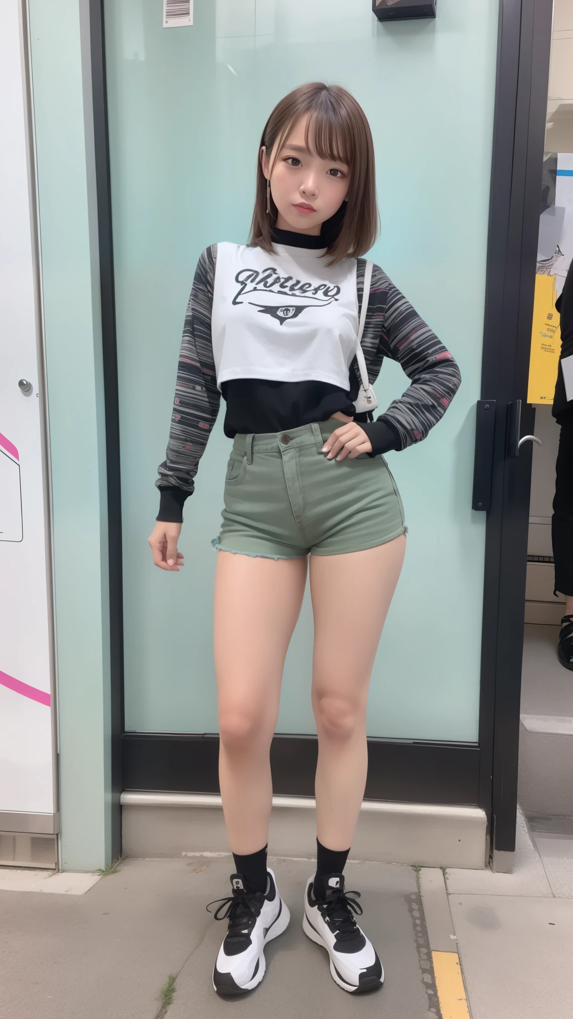 a very cute girl, solo, young, wearing good t-shirts and short pants, medium breast, standing, long hairs, red lips, at camp, realistic face, full body, green shoes
