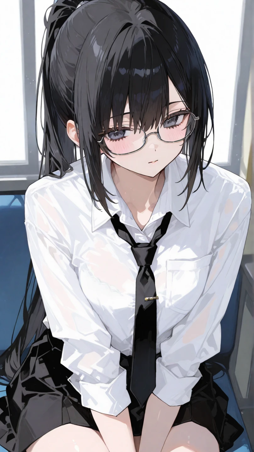 A pretty pretty adult, pale long dark blue hair with eyes of the same color and wears glasses, with formal clothes