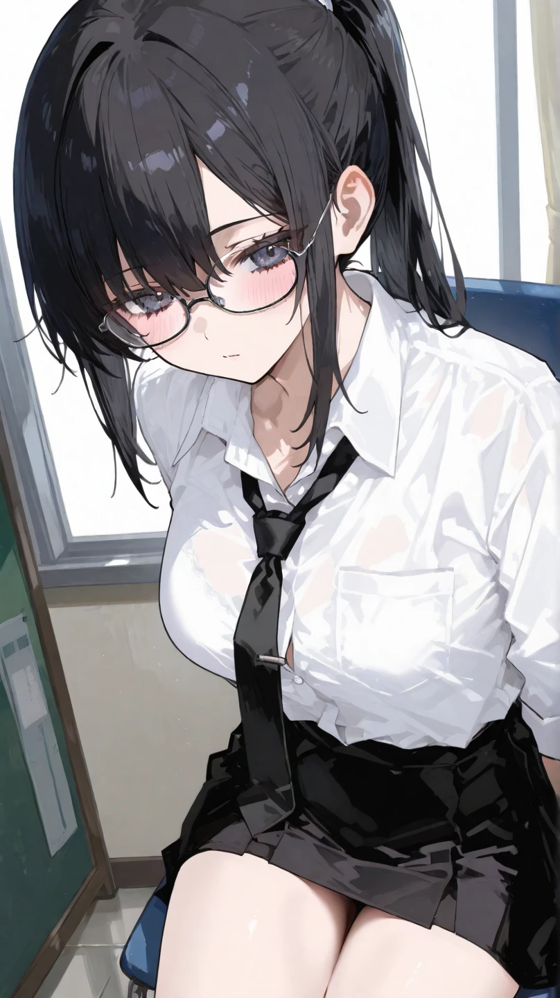 short hair,Black hair,Bangs cover your eyes,The Office Girl,Short Skirt,black silk stockings,sitting in an office chair,Computer,Office,Look up perspective,