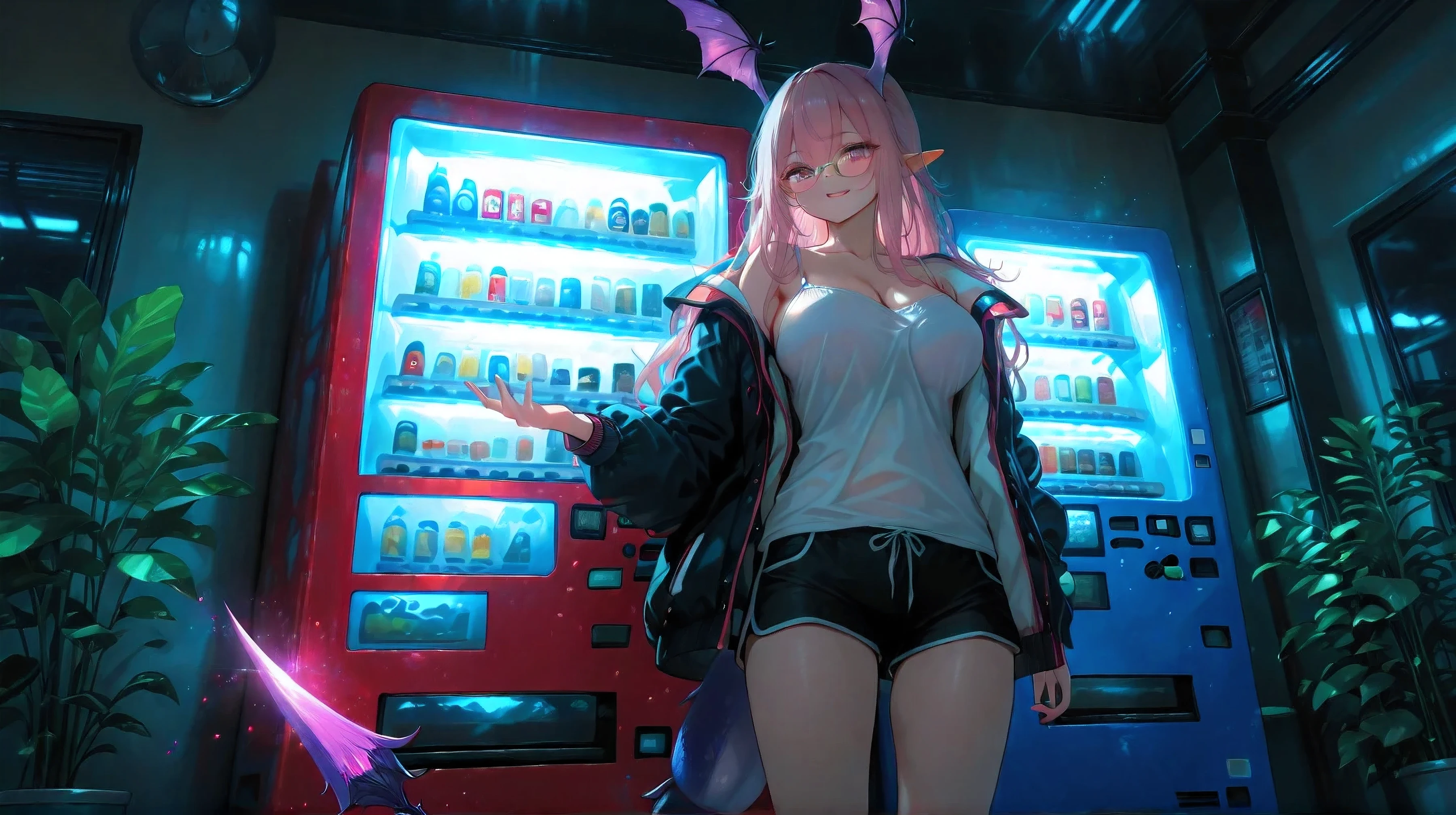 A Realistic image, extremely sharp focus, crisp details, high resolution, 4K, 8K. (correct anatomy and detailed hand). A wide angle shot, low angle, front view, a detailed, high quality rendering of MANTICORE from ARKNIGHTS. She wears beautiful, detailed round eyeglasses, she wears camisole, varsity jacket and shorts. She has a beautiful big breasts. She has a beautiful face details, a beautiful detailed eyes and a real human skin, her expression is happy and she looks at the viewer. She's standing in front of a vending machine at a convenience store, the room is decorated with so many plants, the room was dimly lit, dramatic cool soft light shines from the vending machine casting soft natural shadows, the only light comes from the vending machine, cold color pallete. the background has highest detail, detailed background and depth of field.