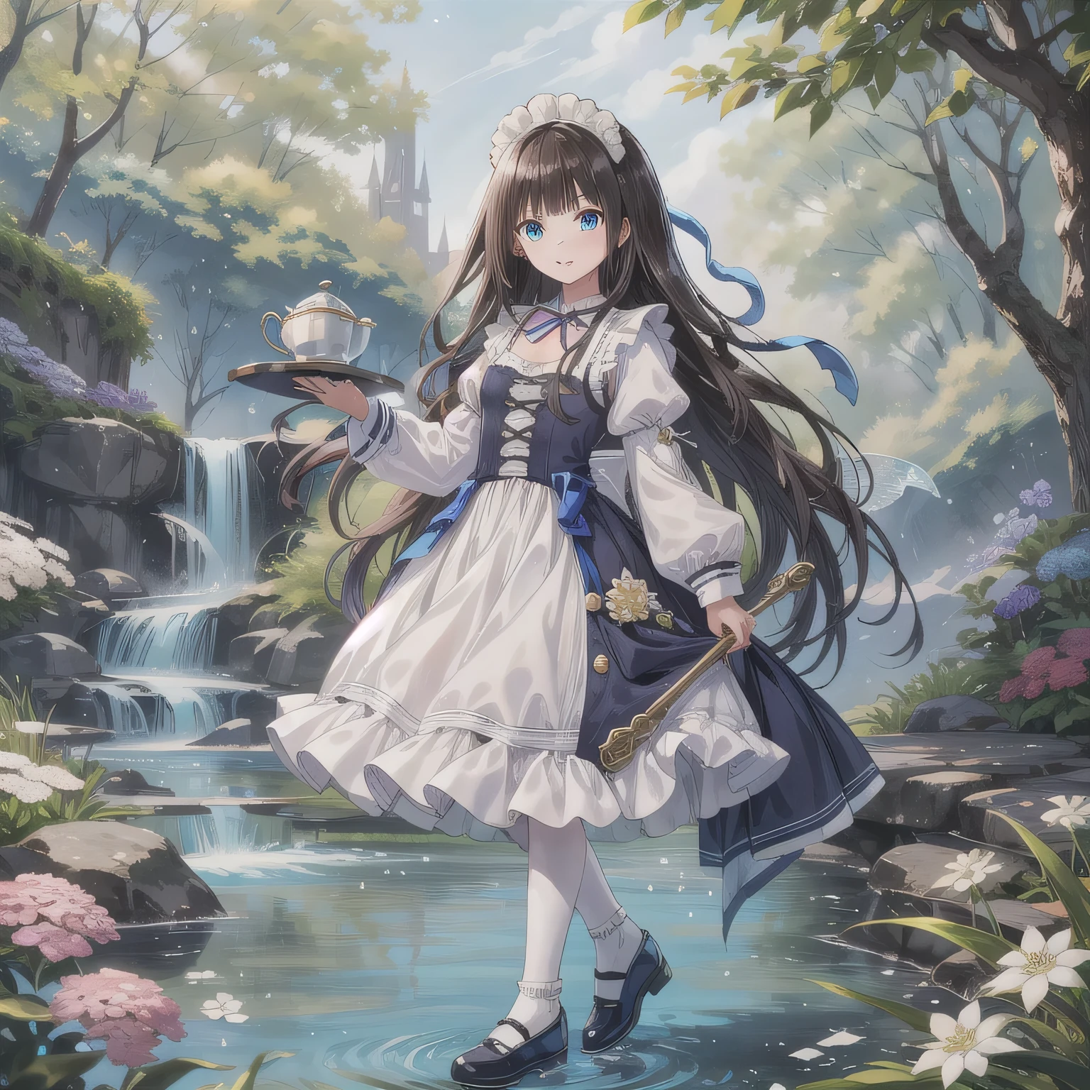 A beautiful anime-style girl standing on a lush green meadow with a small stream at her feet. She has long dark hair, blue eyes, and wears a white prim headpiece. Her maid dress is soft mint green and white, with elegant frills and golden decorations. She is wearing white knee-high socks and pastel blue shoes. In her right hand, she holds a silver tray with a tea set on it. Surrounding her are silver-leafed flowers resembling dusty miller (Senecio cineraria). The background is decorated with blooming flowers and sparkling crystals. She looks cheerful and graceful, with a fantasy and fairy-tale atmosphere.