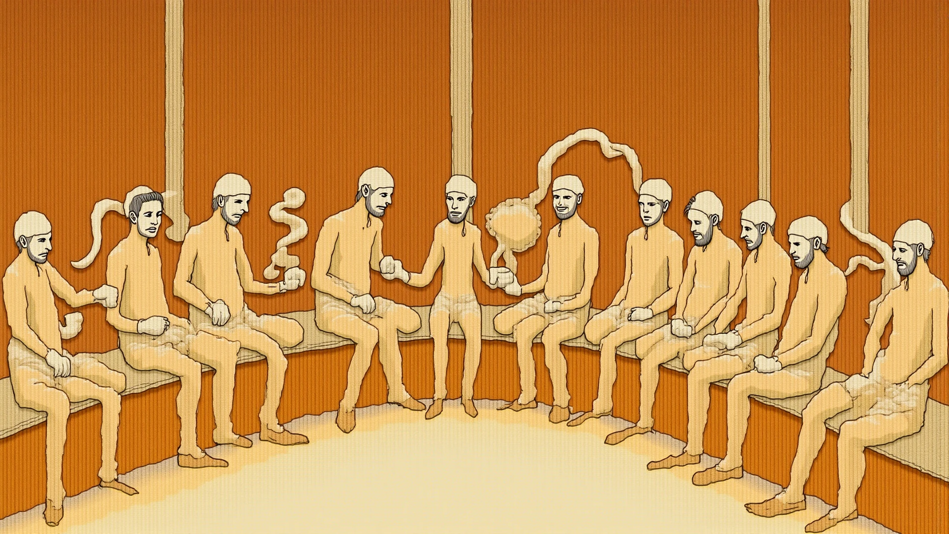 5 half-naked men eating socks while sitting