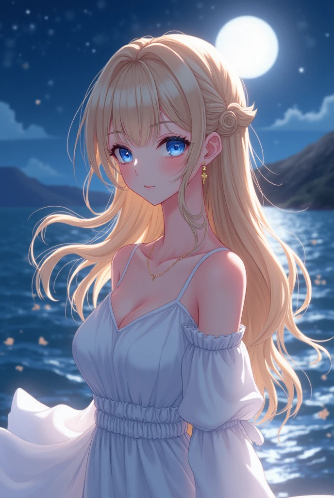 masterpiece, absurdres, best quality, ultra detailed, high Resolution, detailed illustration, bright colour, (extremely beautiful detailed face and eyes, Delicate beautiful face, 1 girl, cute face:1.3), (magenta eyes:1.1), sparkling eyes, big eyes, big breasts, (perky breasts:1.1), (pointy breasts:1.1), medium hips, glamorous body, white skin, BREAK, (blonde hair:0.8), messy hair, detailed hair, shiny hair, BREAK (down blouse, mini casual dress:1.3), perfect lighting, (embarrassed:1.3), (???????, vulgarity:1.5), (trembling:0.8), (sea, Standing on embankment:1.3), From below,