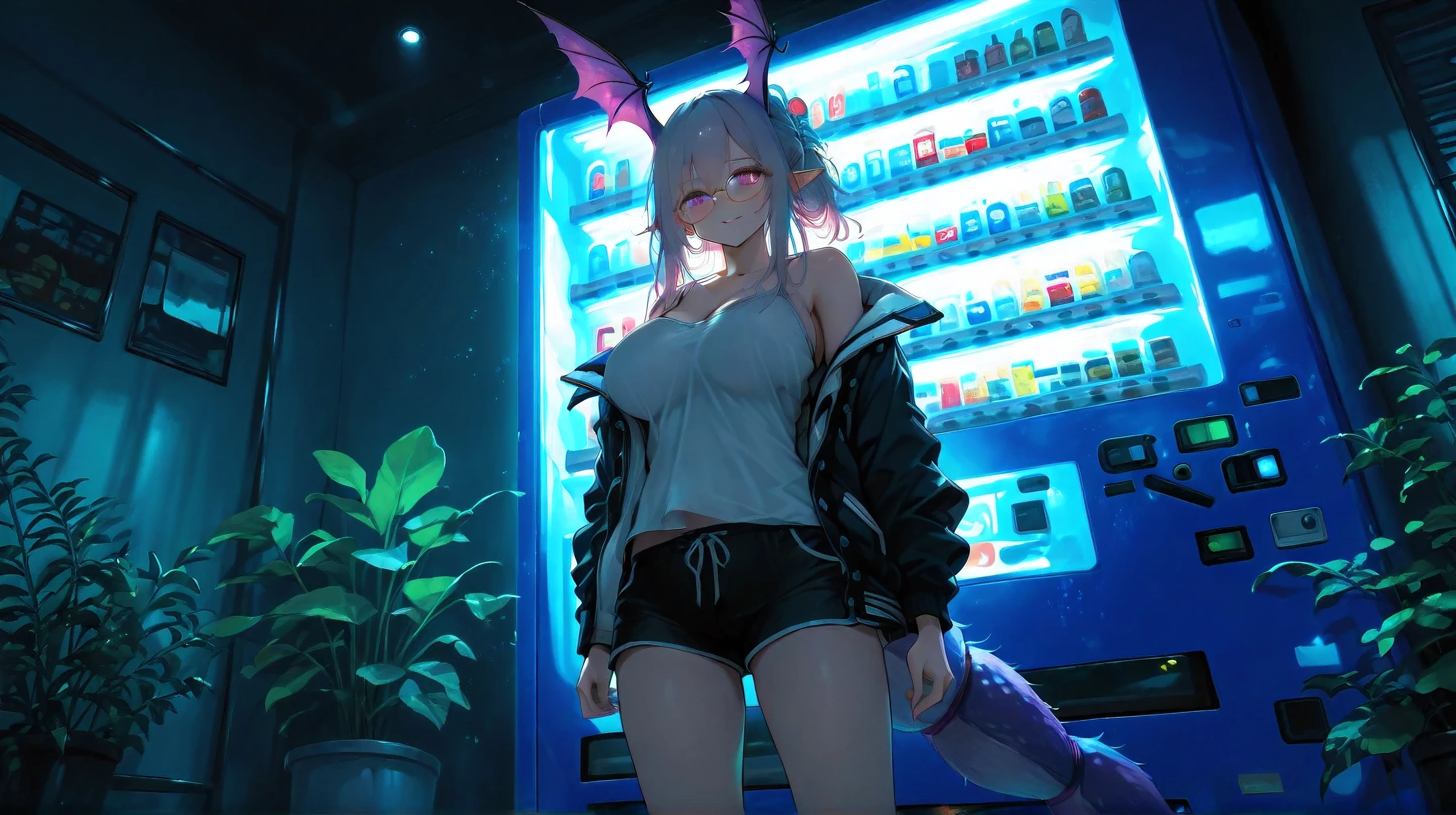 A Realistic image, extremely sharp focus, crisp details, high resolution, 4K, 8K. (correct anatomy and detailed hand). A wide angle shot, low angle, front view, a detailed, high quality rendering of MANTICORE from ARKNIGHTS. She wears beautiful, detailed round eyeglasses, she wears camisole, varsity jacket and shorts. She has a beautiful big breasts. She has a beautiful face details, a beautiful detailed eyes and a real human skin, her expression is happy and she looks at the viewer. She's standing in front of a vending machine at a convenience store, the room is decorated with so many plants, the room was dimly lit, dramatic cool soft light shines from the vending machine casting soft natural shadows, the only light comes from the vending machine, cold color pallete. the background has highest detail, detailed background and depth of field.