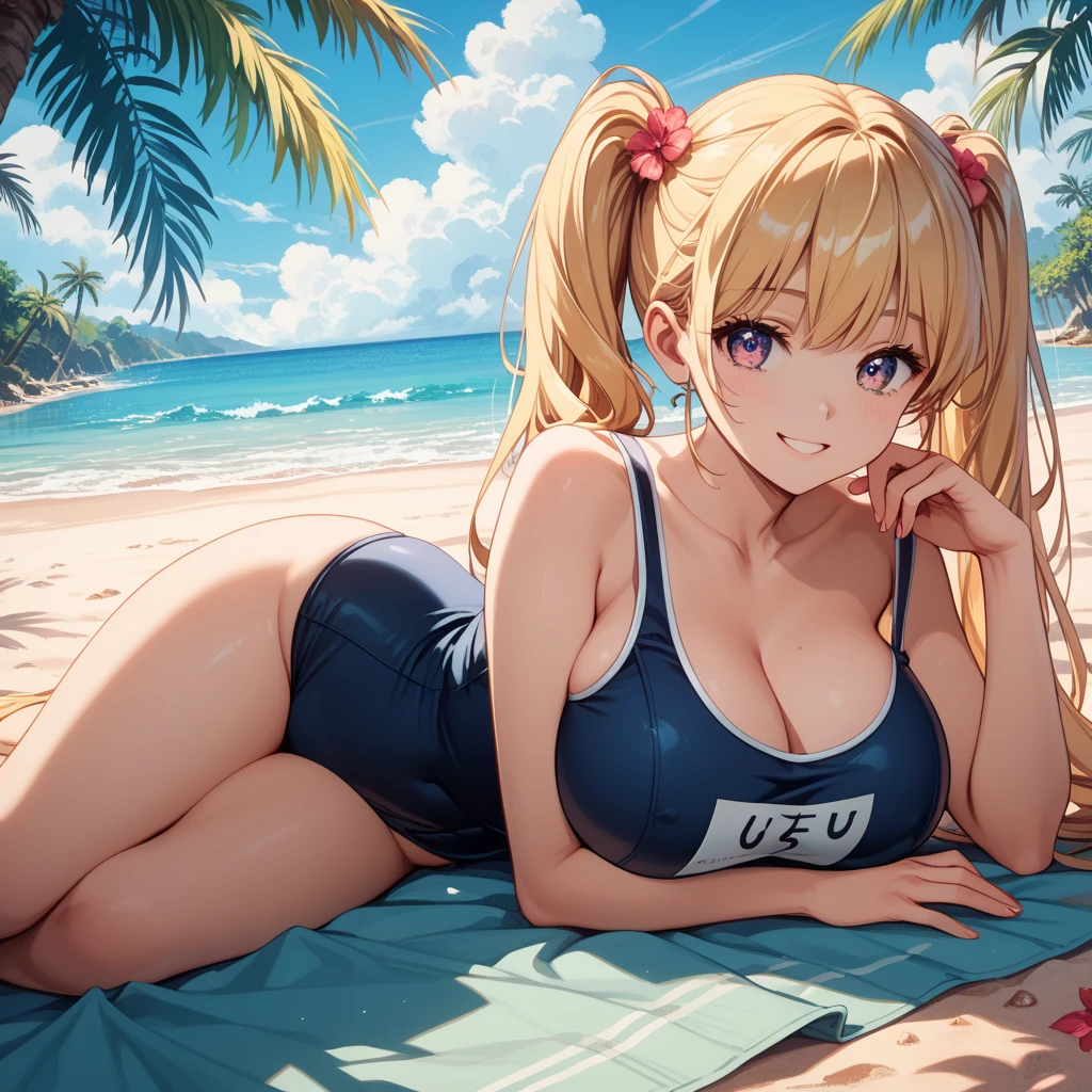 (highest quality)), ((masterpiece)), (Familiar), Perfect Face,Shiny skin,Beautiful breasts,Kyoto Animation style drawing,Shiny skin、hoodie、Sunburned skin、Sweat、Off the shoulder、((Striped swimsuit))、Double teeth、Sit on a chair、Leg spread
、Young、Big Breasts、Embrace、hot spring、dark skin、close、near、Having popsicles、night、Blonde、bath towel