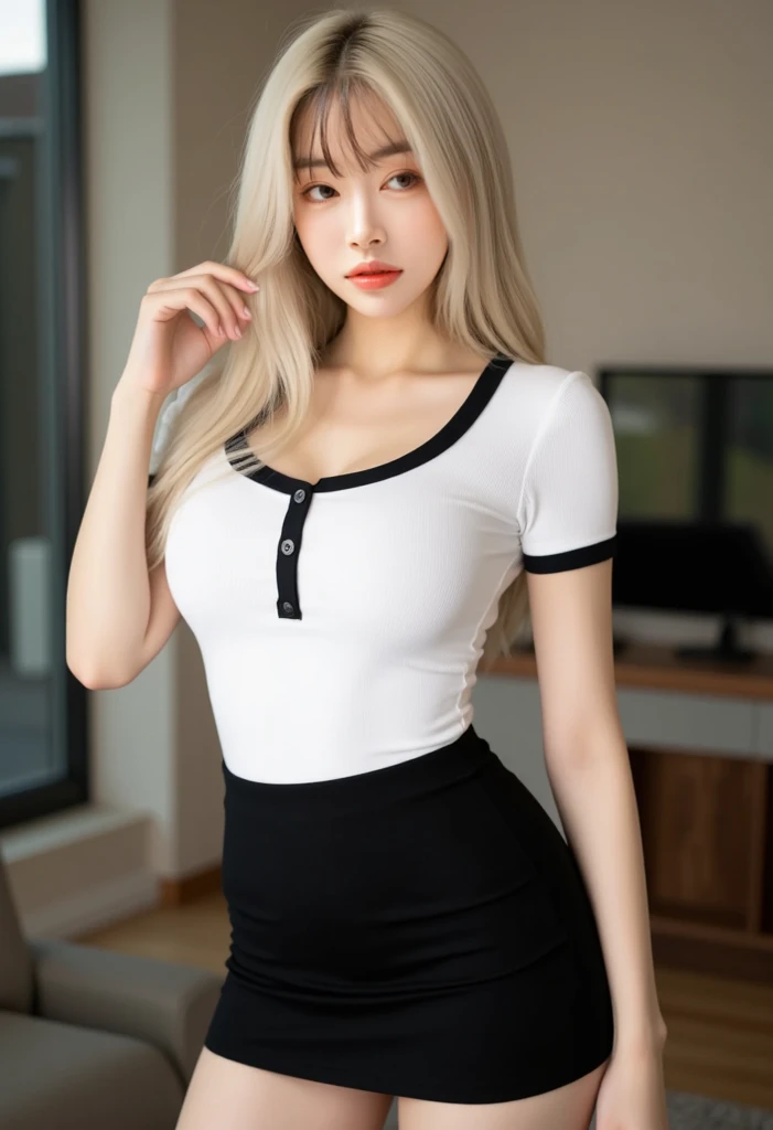 40yo, sitting, eye contact, looking down at viewer, voluptuous, slightly open mouth, skindentation, wedgie, cameltoe, white skin, high quality, long legs, formal, white shirt, neck tie, legs apart , black pants, latex pants,,b1mb0, big vulva,sonia, orange hair, green eyes, side ponytails, heart hair ornament, eyewear on head