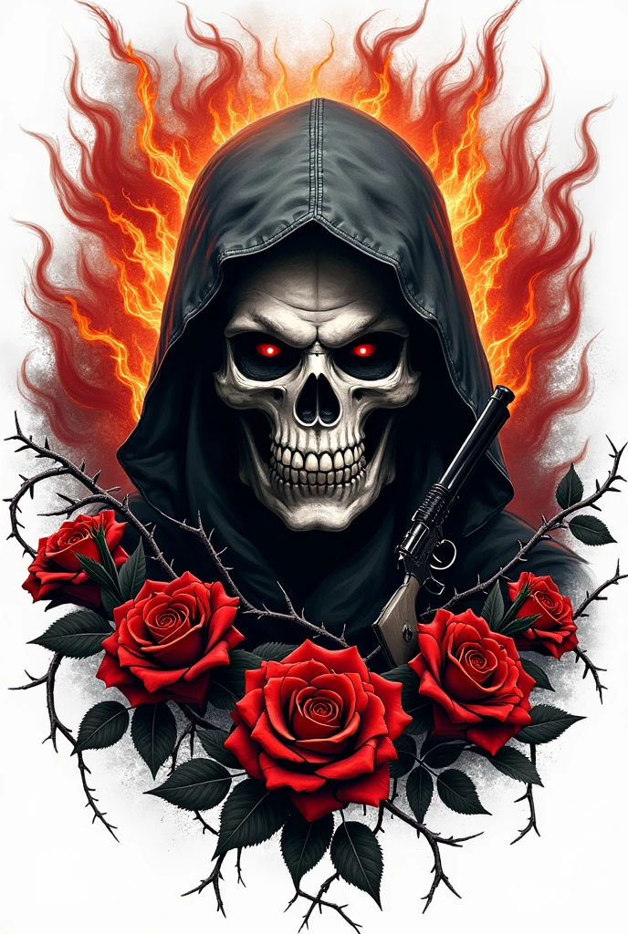 hooded grim reaper, (empty background :1.4), Scythe, streetwear, blood, flame, colorfull, realistic, intricare, horror, extremely sharp, detailed, 8k, centered, as a t-shirt logo in the style of <�MAGIFACTORY>
