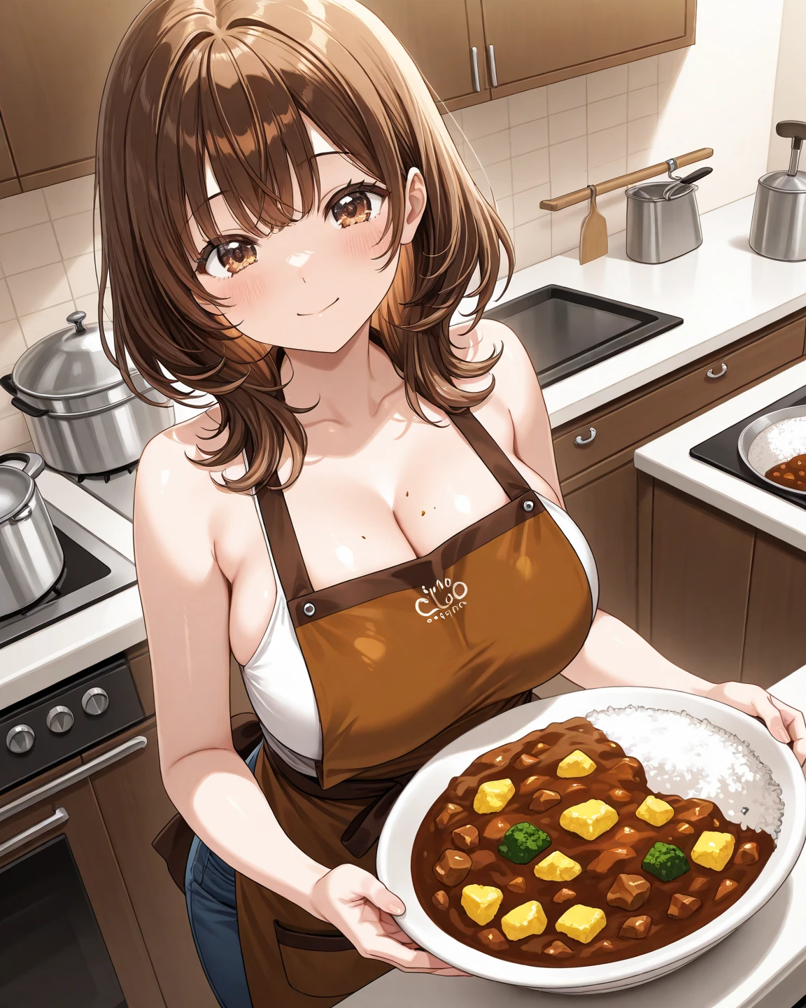 A girl in a micro bikini making a large amount of naan curry Touching her chest