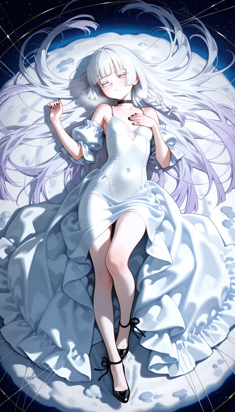 one girl, pure white, my sweet angel, naive, 13 years old, white dress, white hair, light blue eyes, lying on bed, beautiful girl, my daughter, sex, intercourse