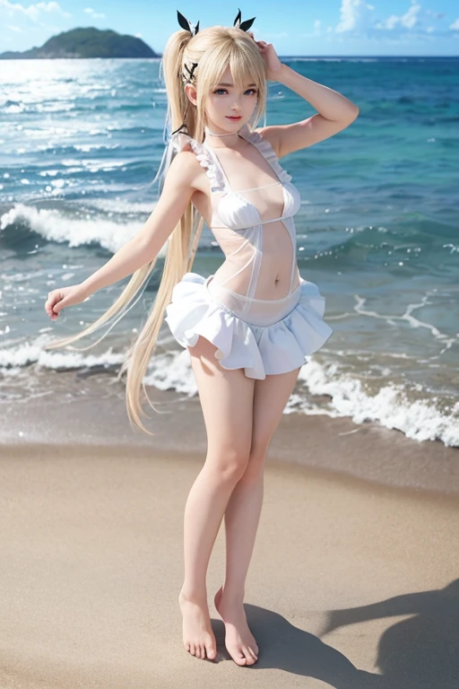 (Elementary school girl..Height is 120 cm.Beautiful white skin.Slim body.Hanging eyes.Blonde.Pixie Cut.Beautiful Blue Eyes.Tight waist.very small breasts.Beautiful areola.ふっくらとしたNipples.The skin is radiant and glowing).(A tight, see-through white dress.Not wearing underwear.Your clothes are wet.Nipples).(1 person.Uyuni salt lake.Are standing.Hands clasped behind back.Hair fluttering in the wind.My whole body is wet with water.Look at me and smile)Perfect Face.High resolution.It's dynamic