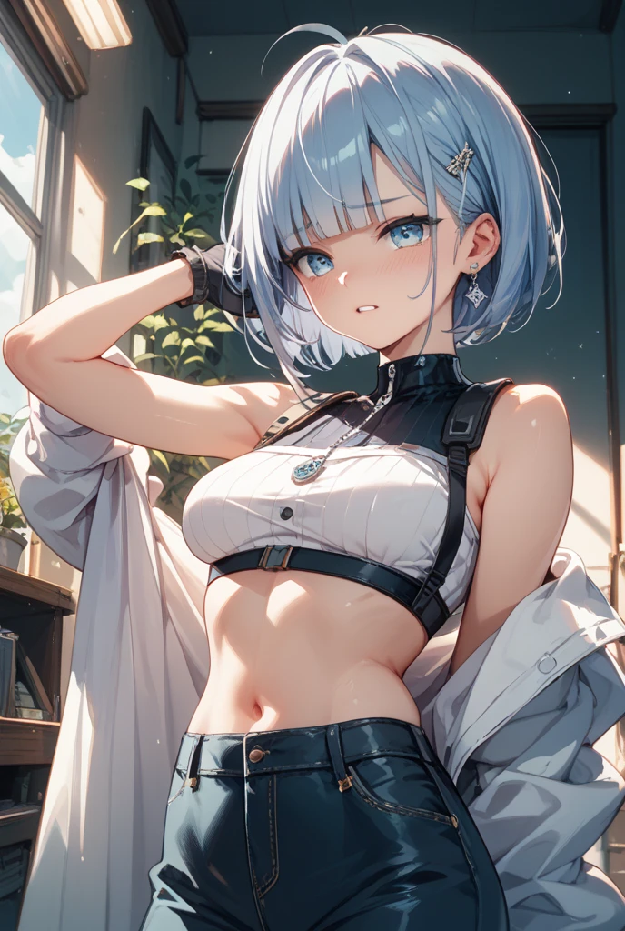 masterpiece、highest quality、Very detailed、An illustration、Beautiful fine details、One Girl、cute、Detailed landscape、Training Room Background:1.4、Platinum Blonde Hair、Braided Ponytail、Red camisole、((a cup breasts, Tank top showing underboob:1.3))