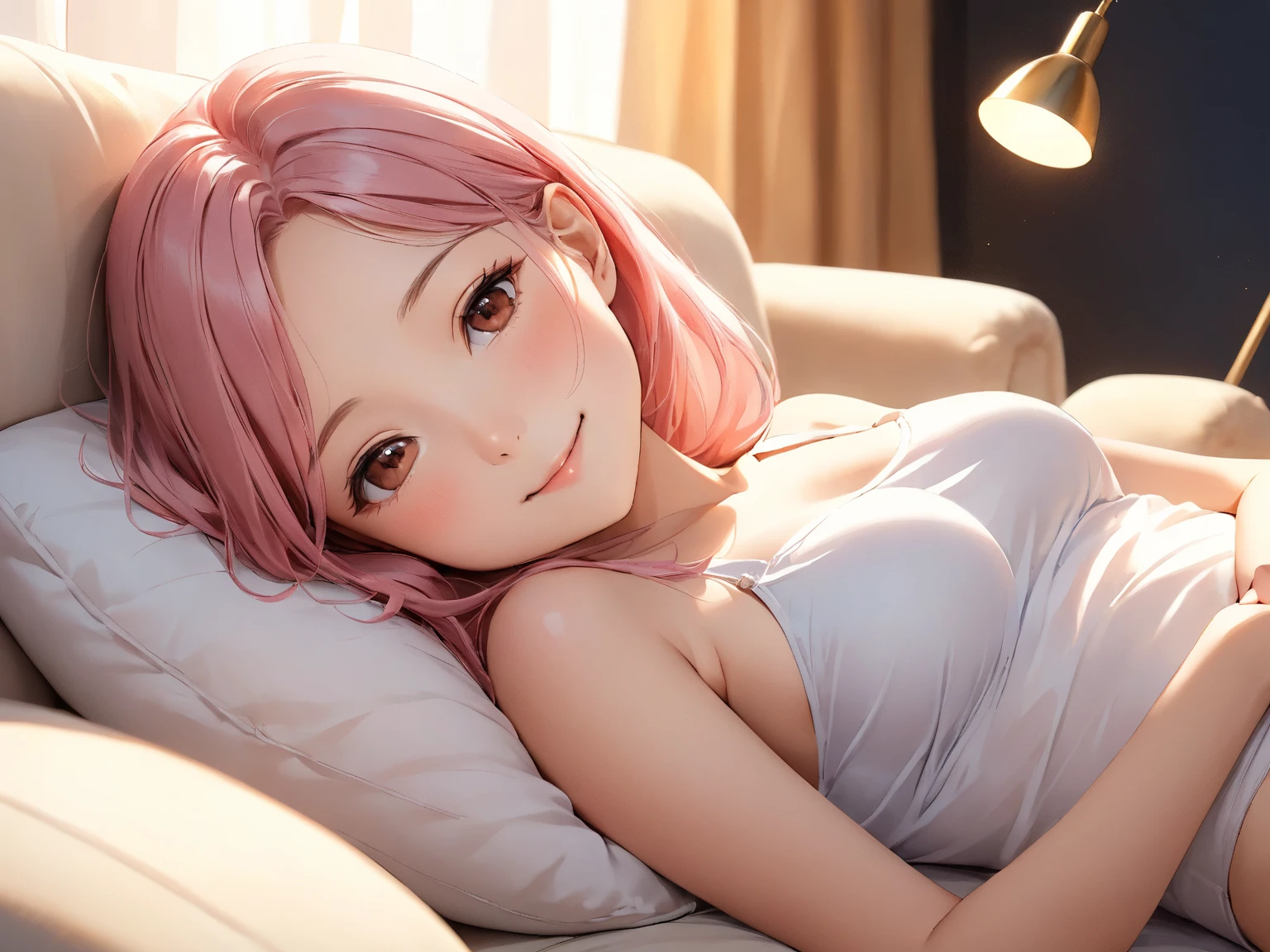 1 person 20 years old female In underwear pink underwear lace bra big breasts glamorous pink hair color head band smile shyly Feel joy on the bed pink eyes