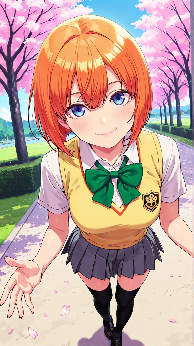 masterpiece, best quality, Hoshizora rin, orange hair, yellow eyes, blushing , smile , skirt , front tie shirt, shoes, white socks , sitting on ground, crouching,in grass field, flowers